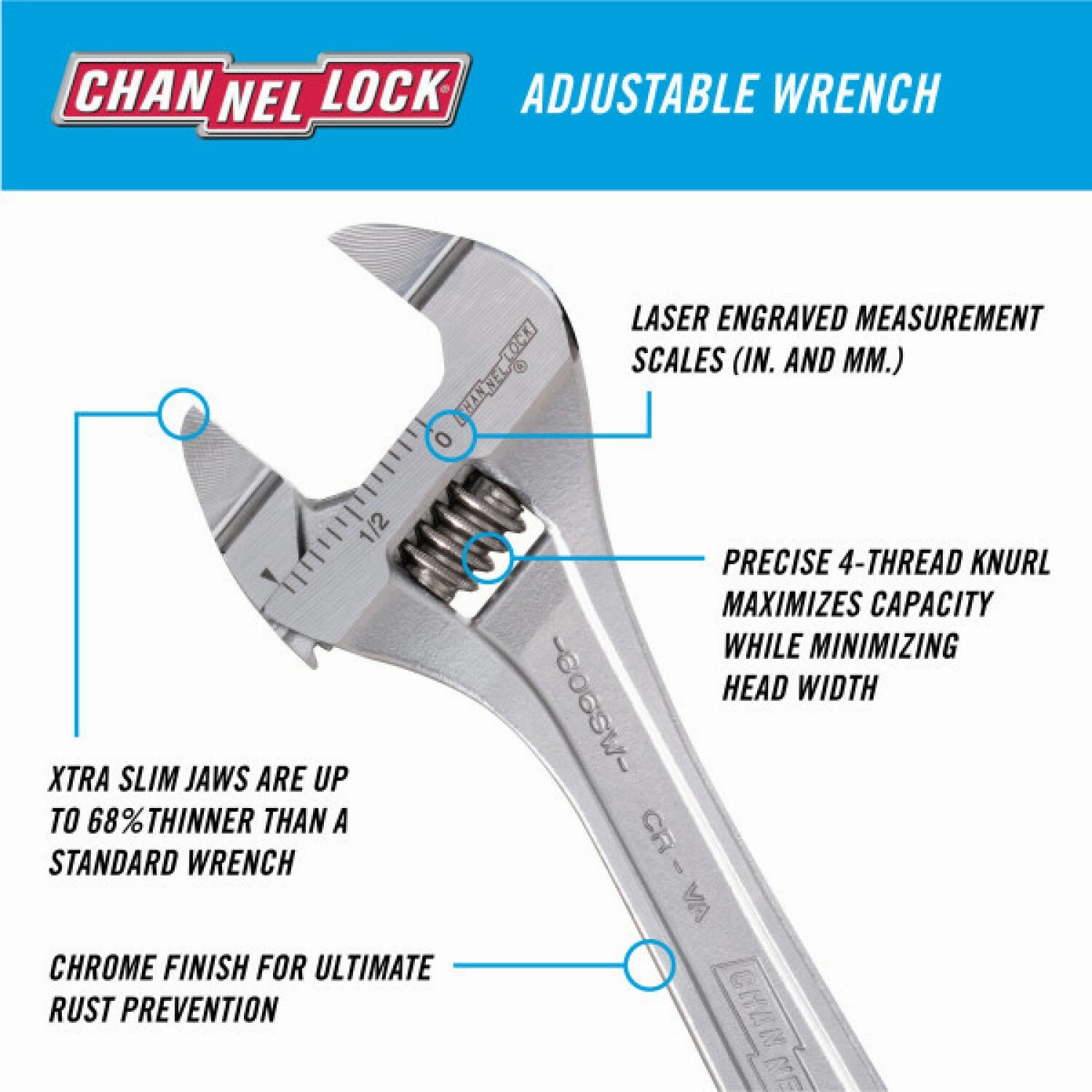 Channellock 806SW 6-inch Precision Adjustable Wrench with Extra Slim Jaw