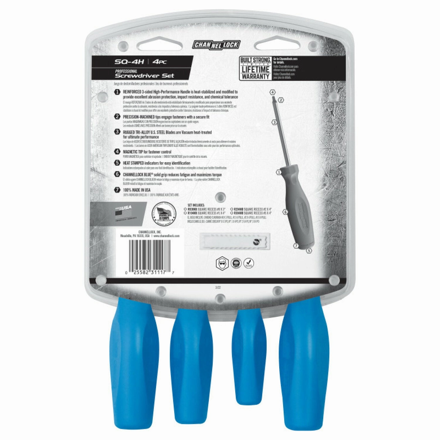 Channellock SQ-4H 4PC Square-Recess Screwdriver Set
