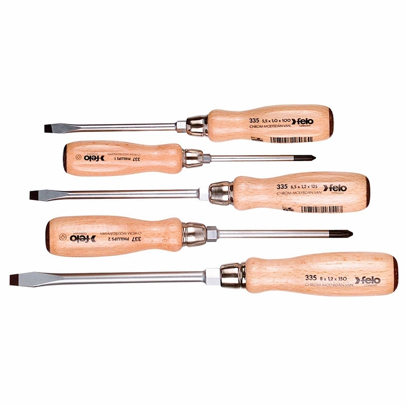 Felo 0715722155 Slotted & Phillips Wooden Handle Screwdriver Set, 5 Piece