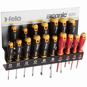 Felo 0715761391 Ergonomic Screwdriver Set With Steel Rack includes Slotted, Square, Phillips & TORX Sizes,