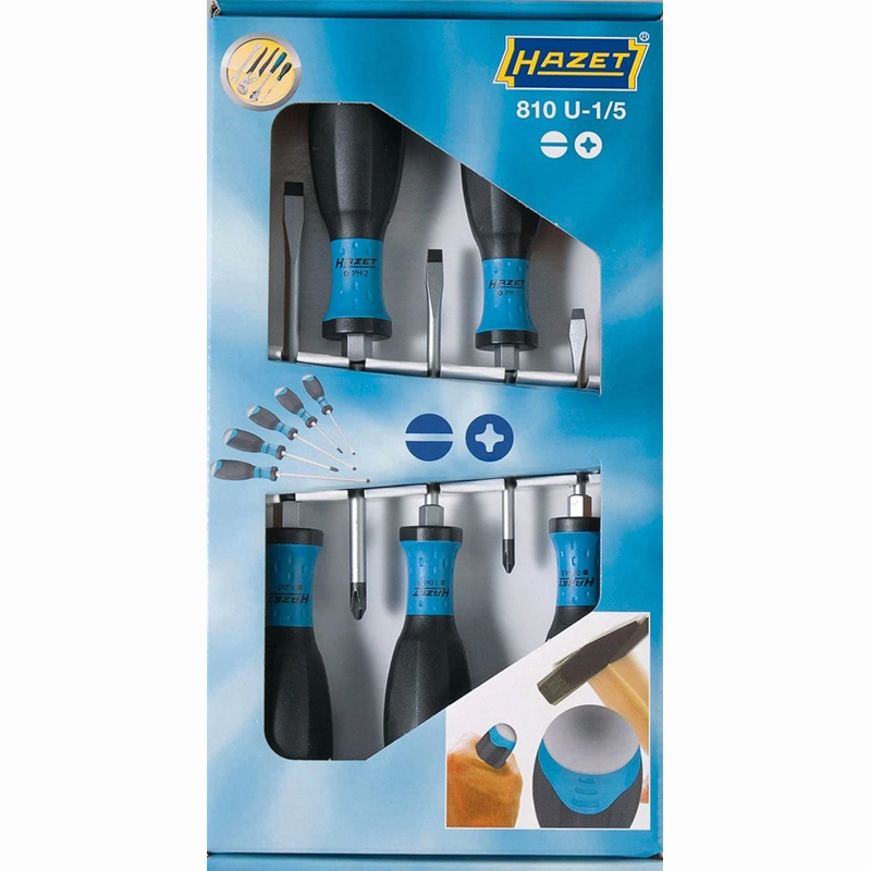 Hazet 810U-1/5 Phillips and Slotted Strike Caps Screwdriver Set, 5 Pc.