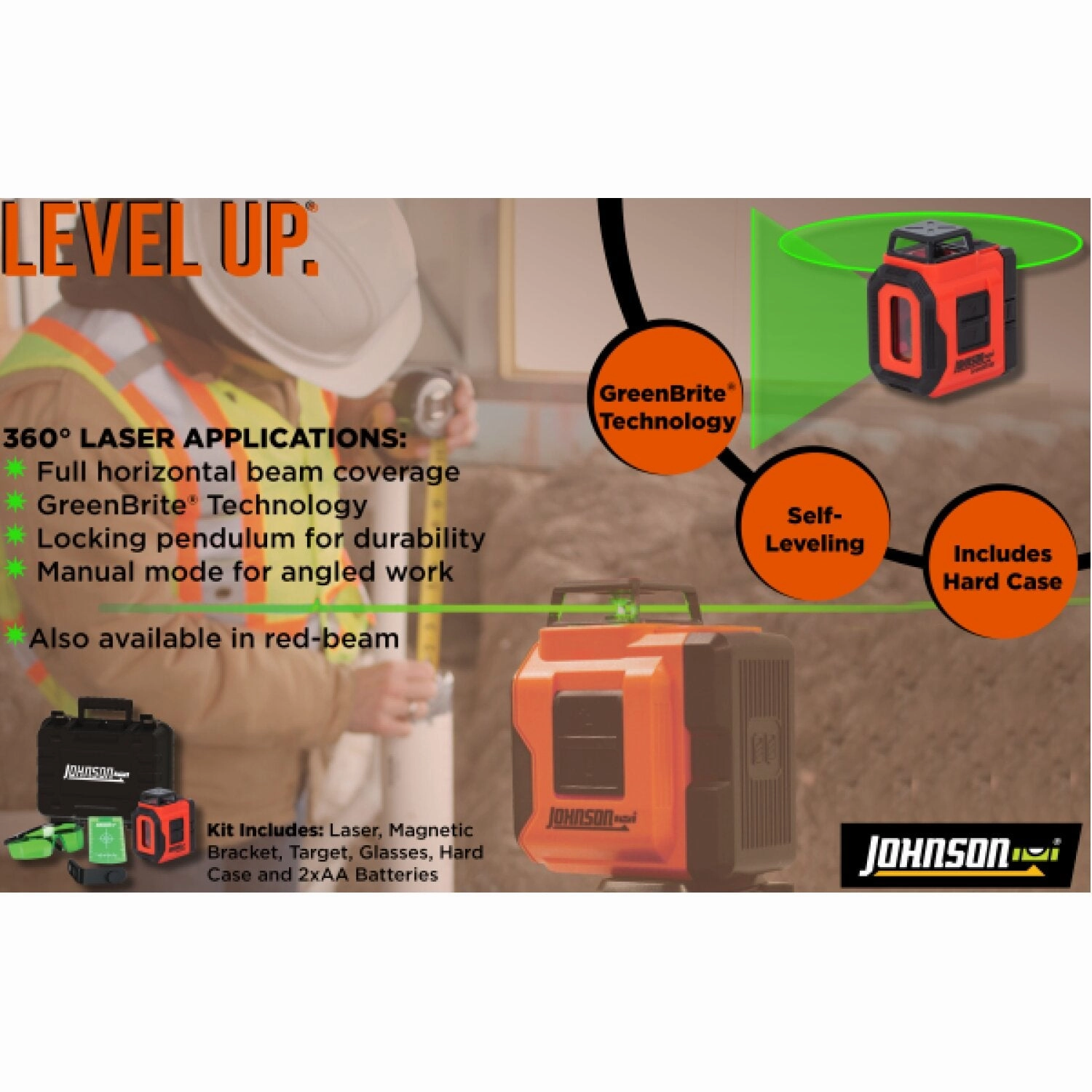 Johnson 40-6607 Self-Leveling 360 Laser w/Plumb Line Kit with GreenBrite Technology