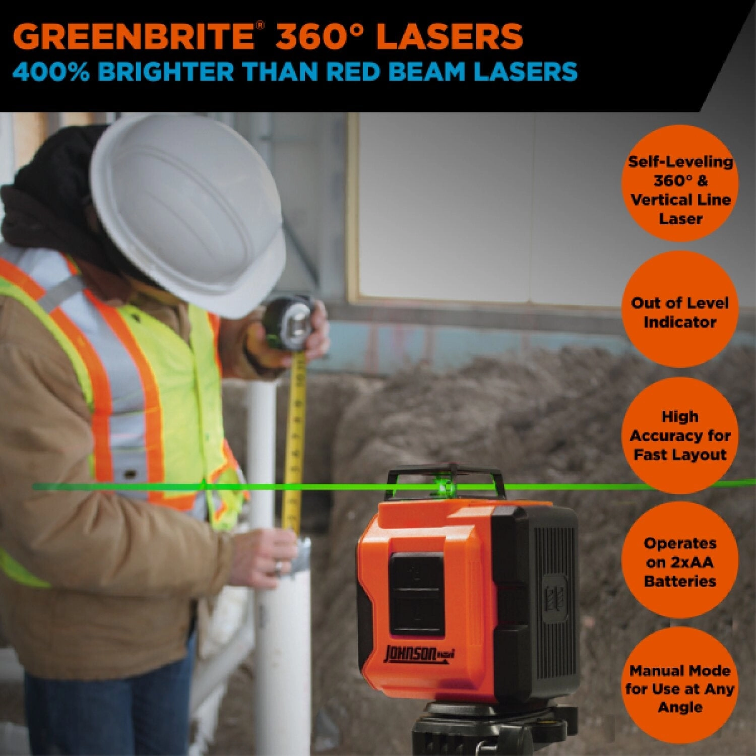 Johnson 40-6607 Self-Leveling 360 Laser w/Plumb Line Kit with GreenBrite Technology
