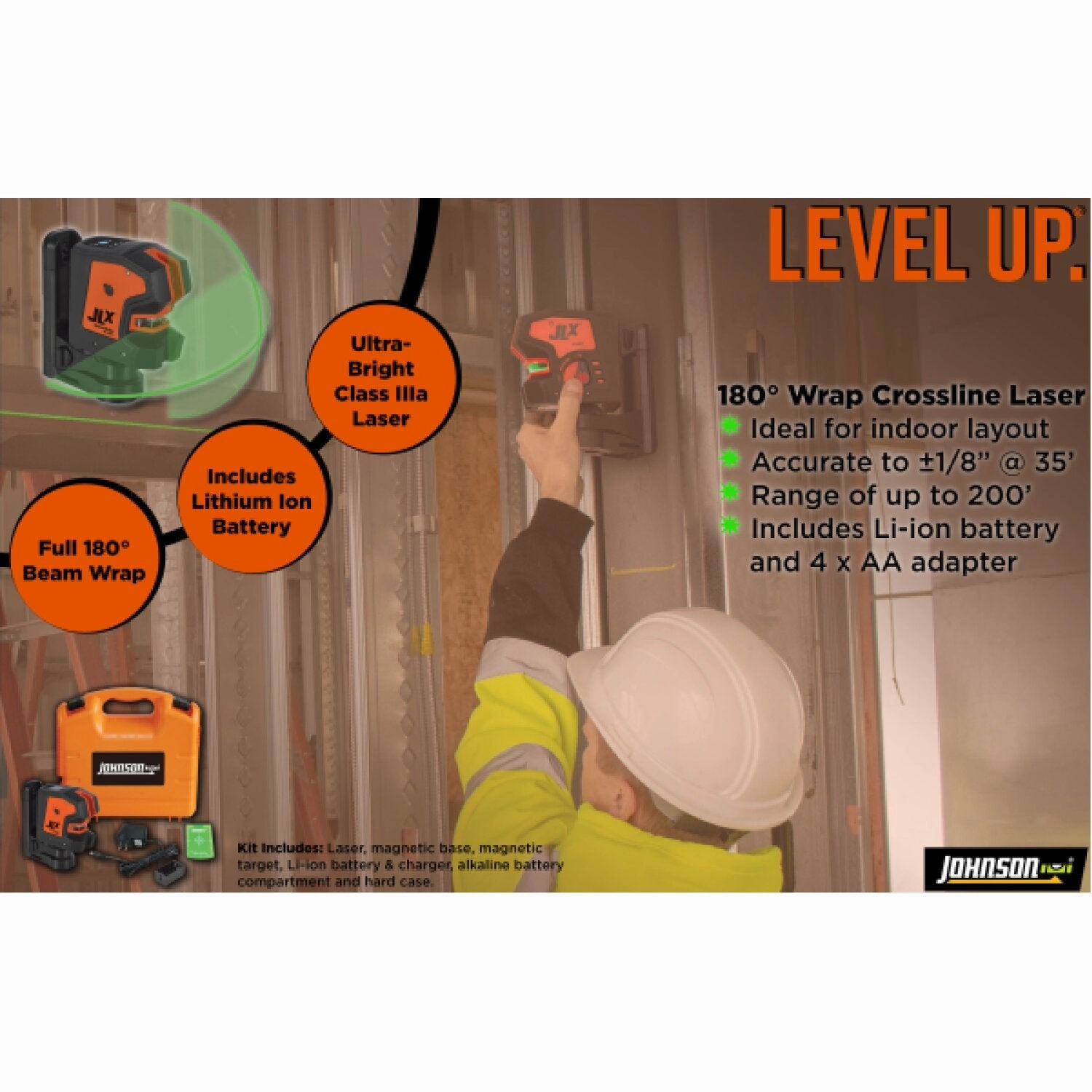 Johnson 40-6681 JLX Self-Leveling 180 Cross-Line Laser with GreenBrite Technology