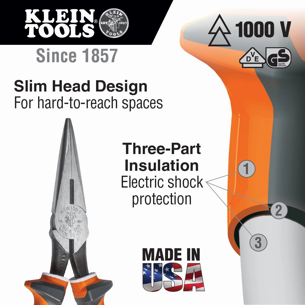 Klein Tools 2036EINS Long Nose Side Cutter Pliers 6-Inch Slim Insulated