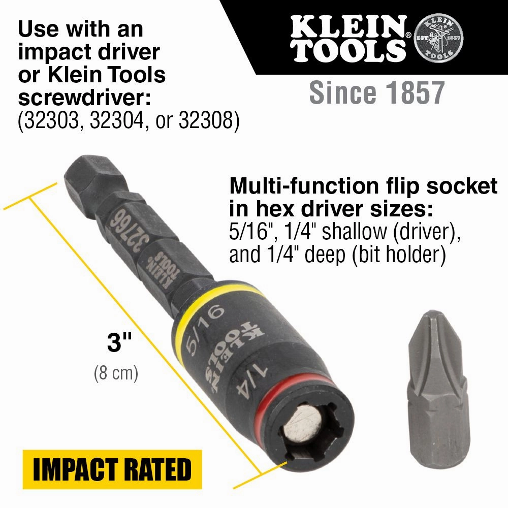 Klein Tools 32766 3-in-1 Impact Flip Socket, 1/4-Inch, 5/16-Inch, 3-Inch Length