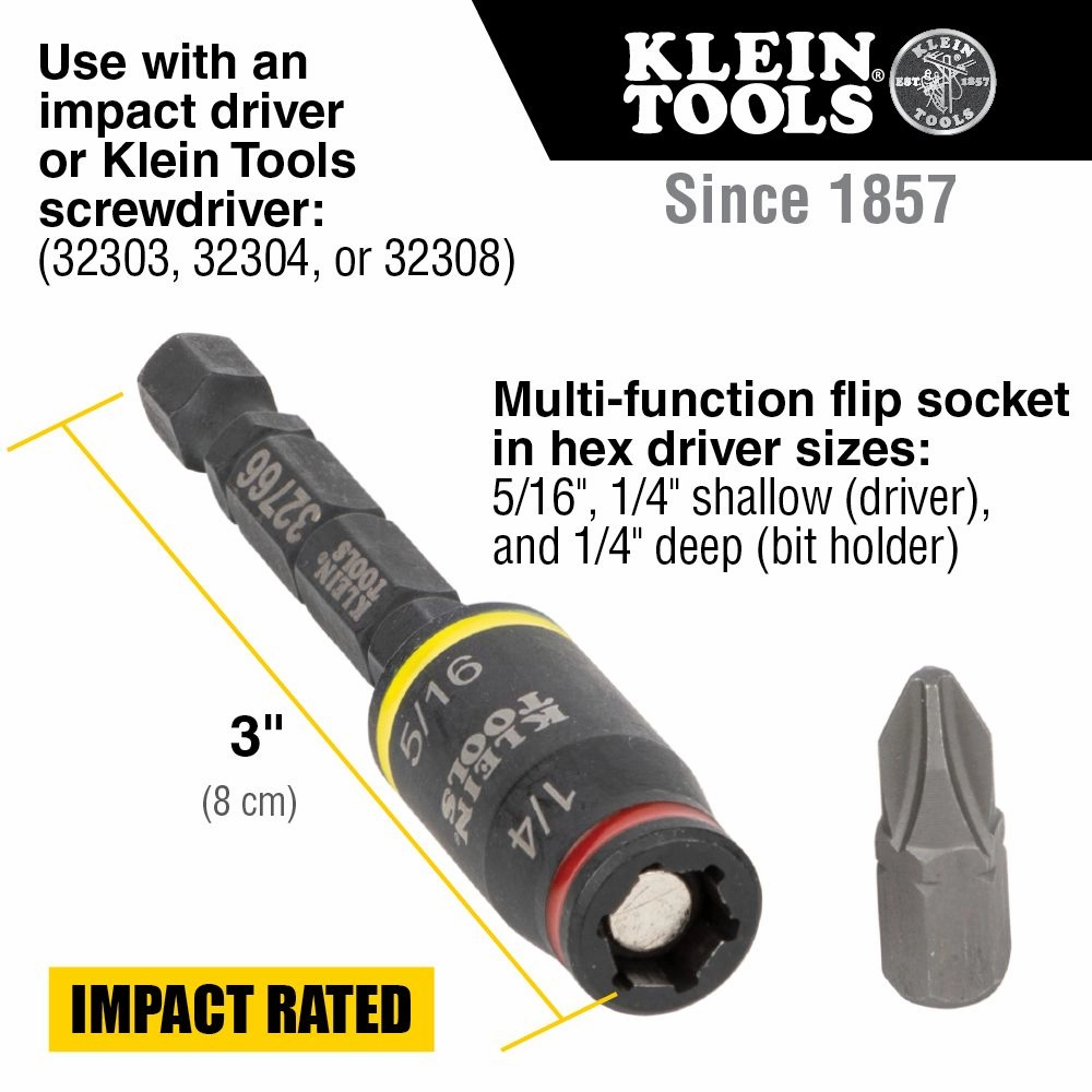 Klein Tools 32768 3-in-1 Impact Flip Socket Set, 1/4-Inch, 5/16-Inch, 2-Piece