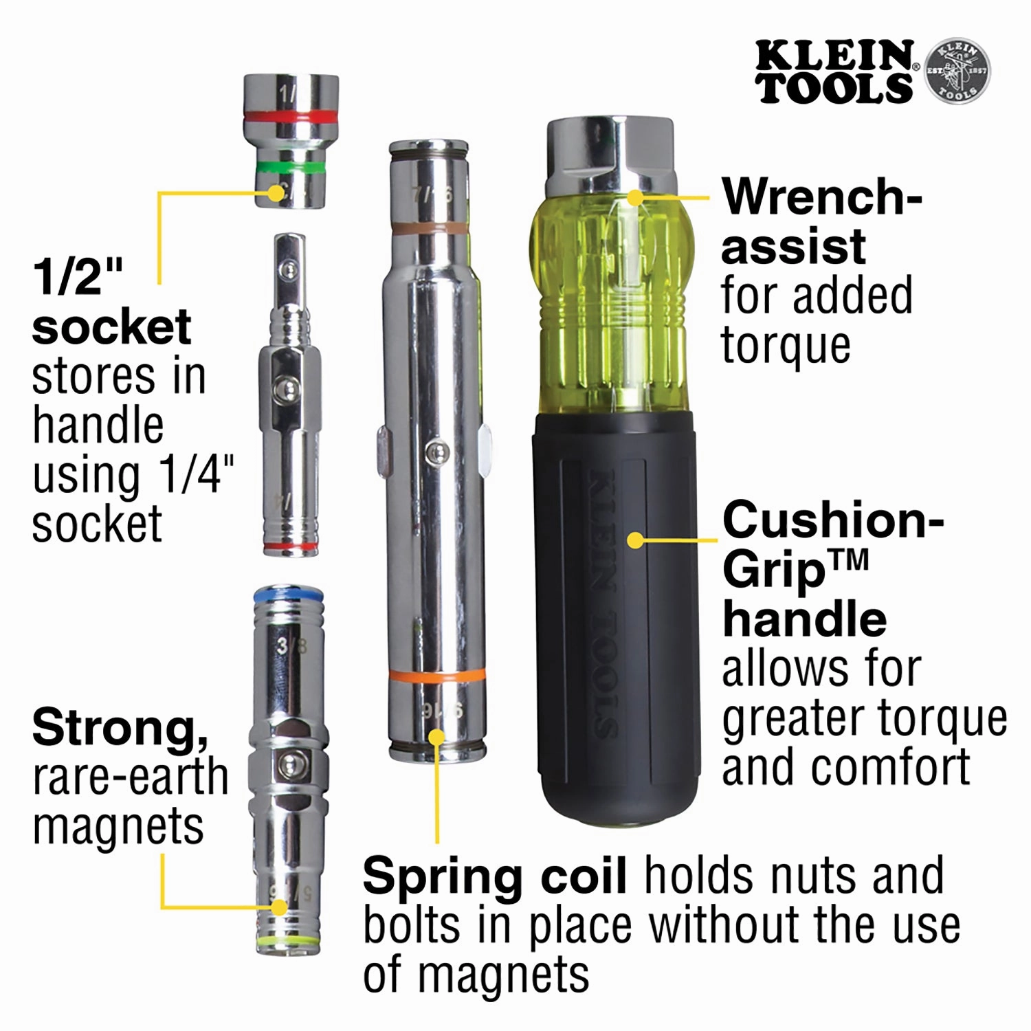 Klein Tools 32807MAG 7-in-1 Nut Driver with Magnetic Driver and Spring Coil Bits