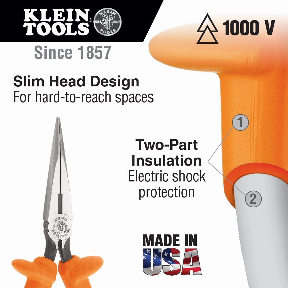 Klein Tools D203-7-INS Pliers, Long Nose Side-Cutters, Insulated, 7"