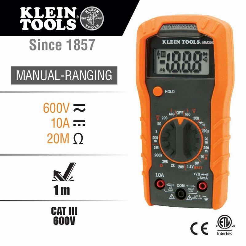 Klein Tools MM300 Digital Multimeter, Manual-Ranging, 600V