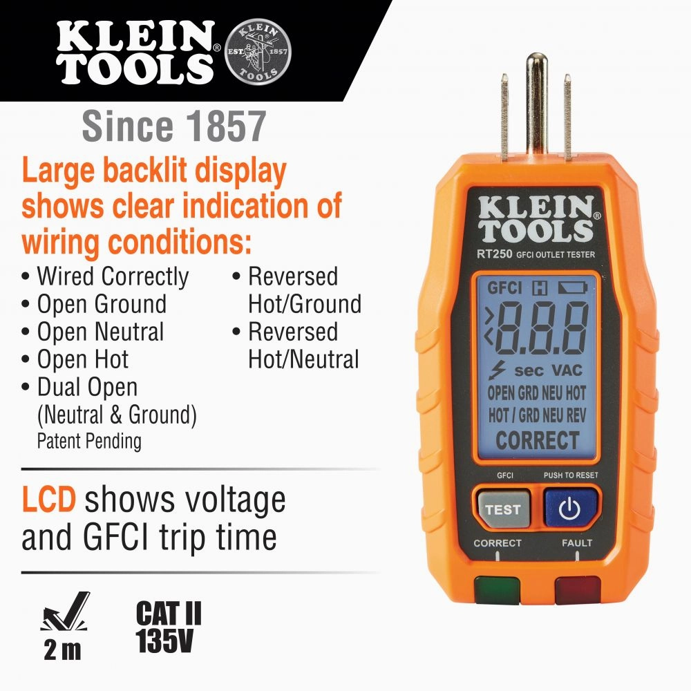 Klein Tools RT250 GFCI  Receptacle Tester with LCD Display, for Standard  3-Wire 120V Electrical Outlets