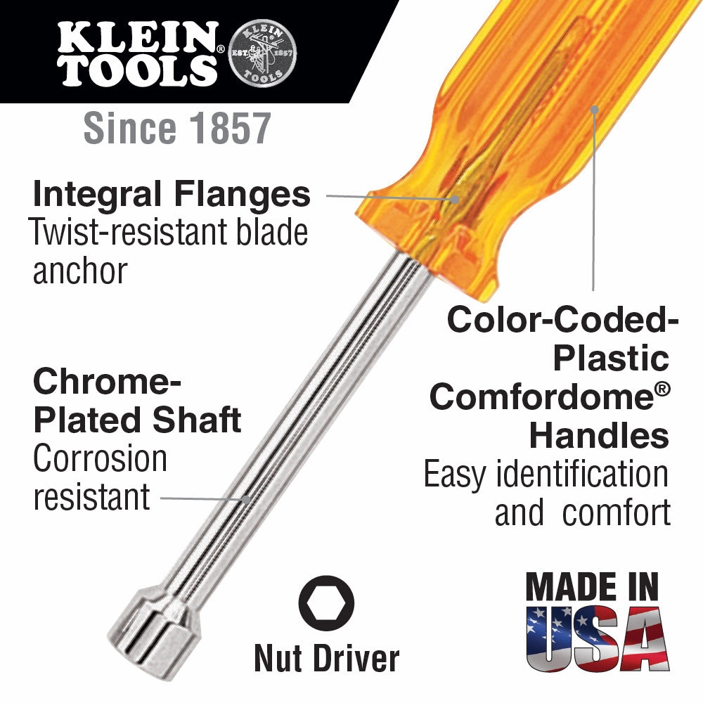 Klein Tools S12 3/8" x 6.6" Hollow-Shank Nut Driver, 3" Shank