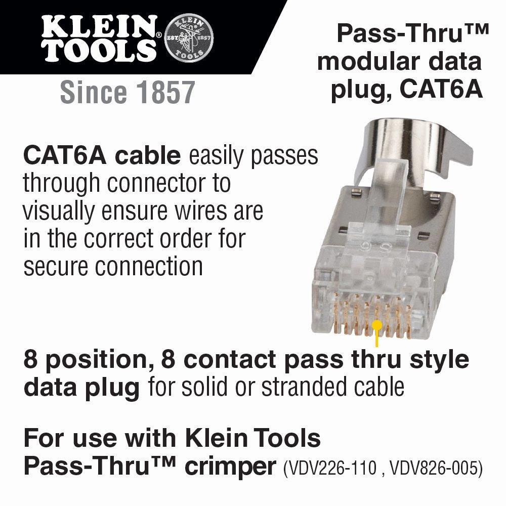 Klein Tools VDV826-754 Pass-Thru Modular Data Plug, RJ45-CAT6A, Shielded (STP), 100-Pack