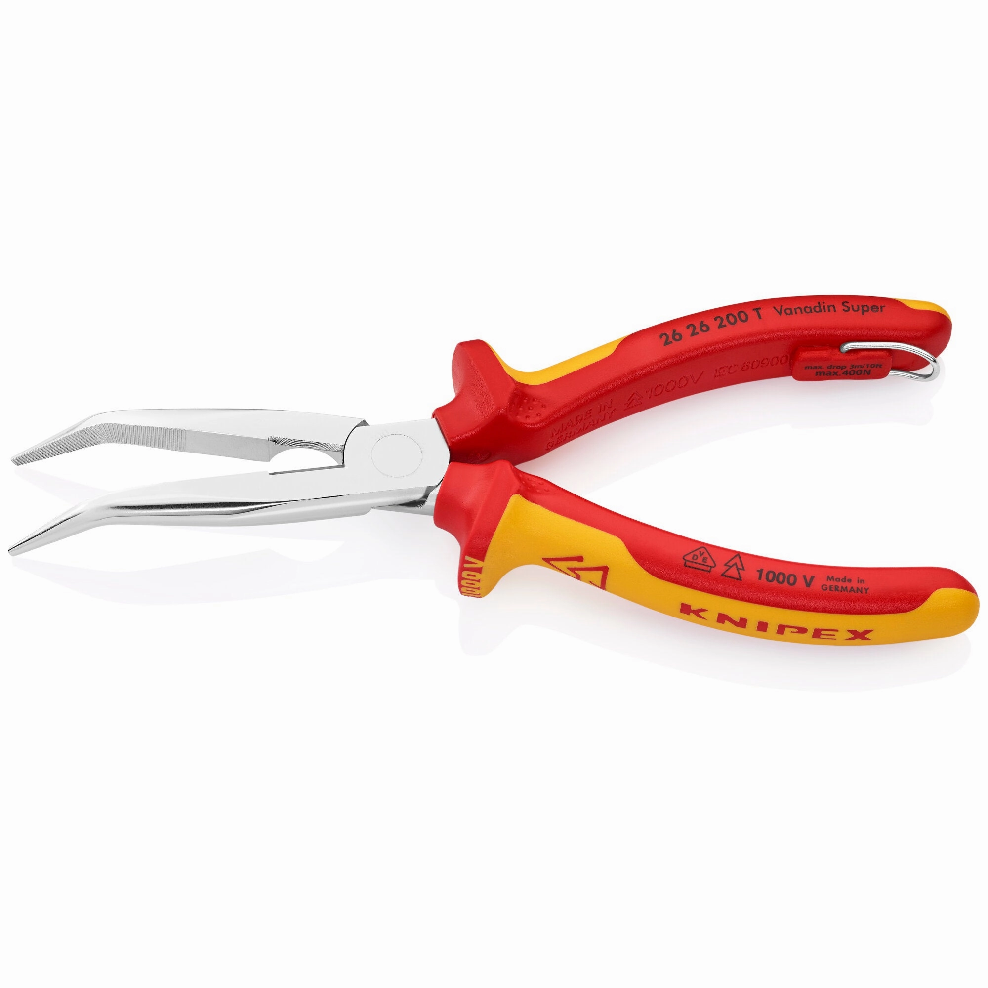 Knipex 26 26 200 T 8" Long Nose 40 Angled Pliers with Cutter-1000V Insulated-Tethered Attachment