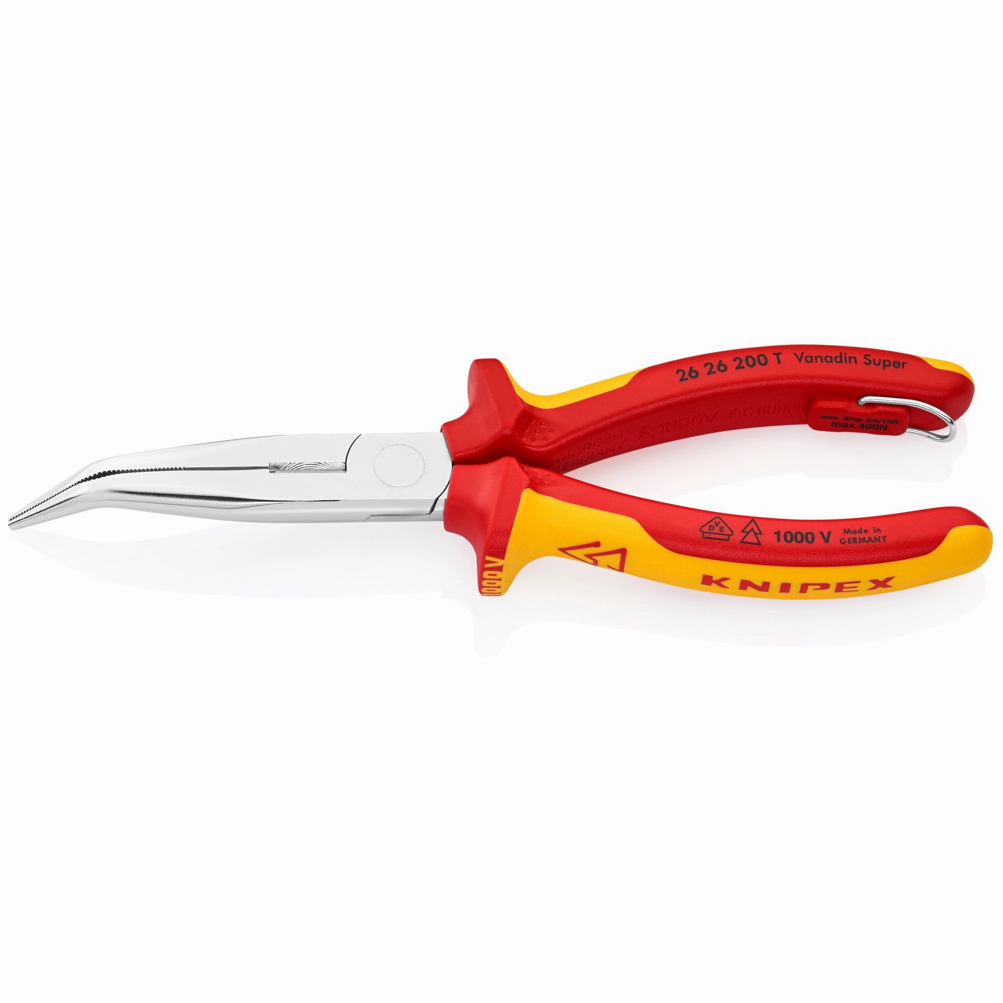 Knipex 26 26 200 T 8" Long Nose 40 Angled Pliers with Cutter-1000V Insulated-Tethered Attachment