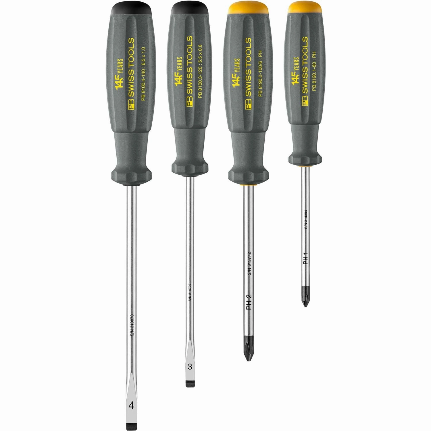 PB Swiss 8267.145 Y SwissGrip Screwdriver Set, Slotted & Phillips, 145 Year Anniversary Limited Edition, 4 Pc.