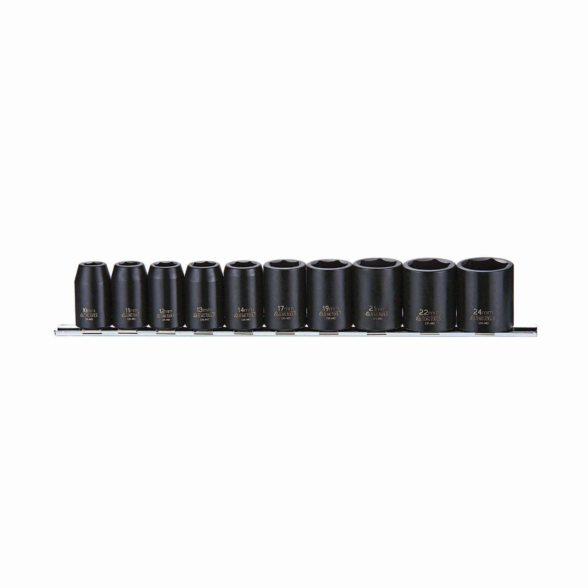 Teng Tools 10 Piece 1/2 Inch Drive 6 Point Regular Metric ANSI Impact Socket Set - 9121