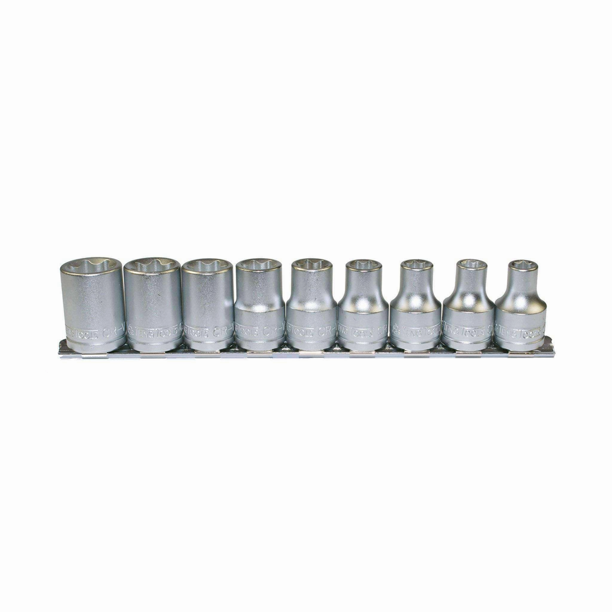 Teng Tools 9 Piece 1/2 Inch Drive TX-E Socket Set (E10 - E24)   Clip Rail & 9 Socket Clips - M1210