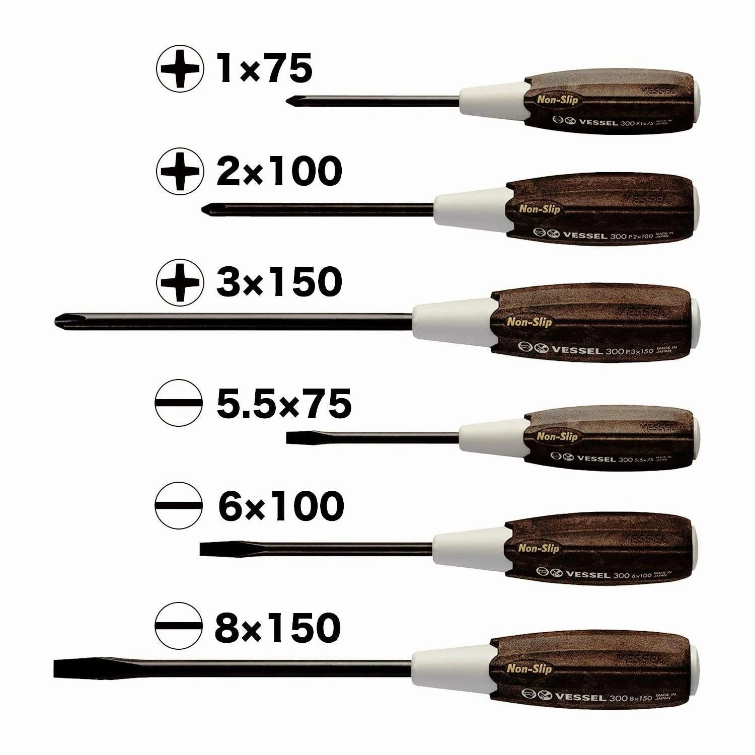 Vessel Tools 3006CS Wood-Compo Non-Slip handle Screwdriver Set