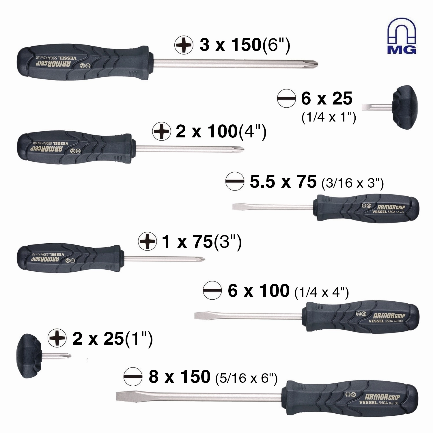 Vessel Tools 550A8PTU ARMOR GRIP Screwdriver Set, 8 Pc.