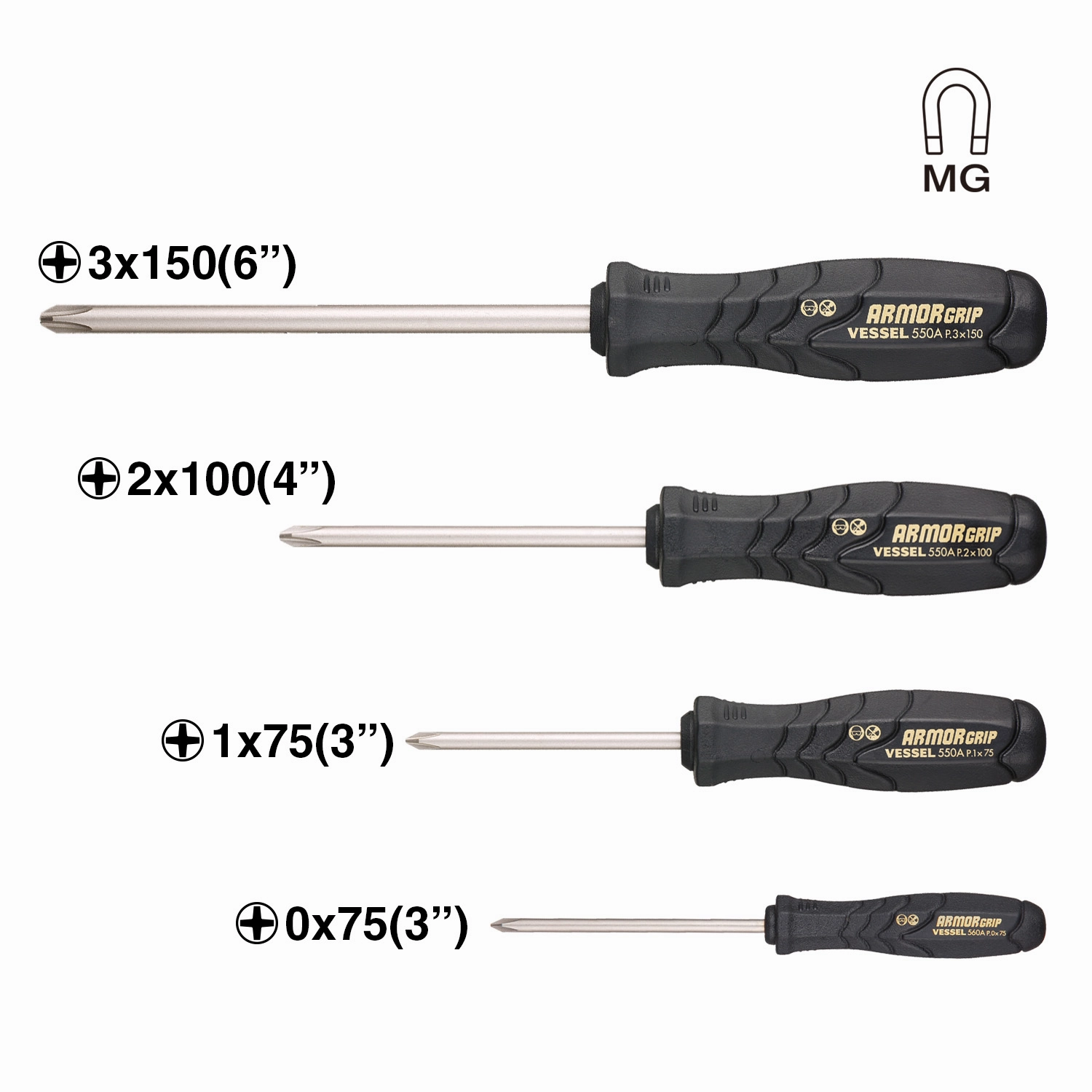 Vessel Tools 550APH4PBU ARMOR GRIP Screwdriver Set, 4 Pc.