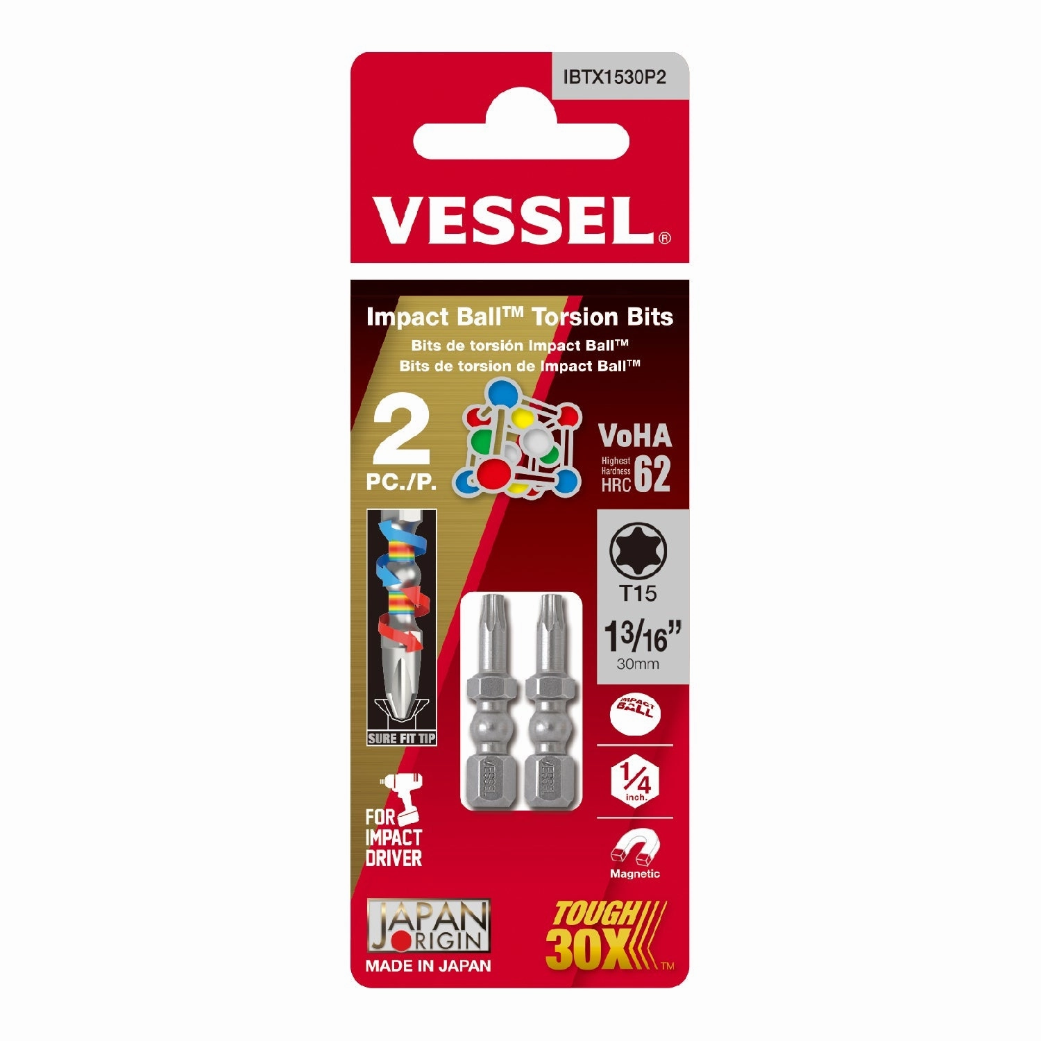 Vessel Tools IBTX1530P Impact BallTM Torsion Bits, T15 x 30