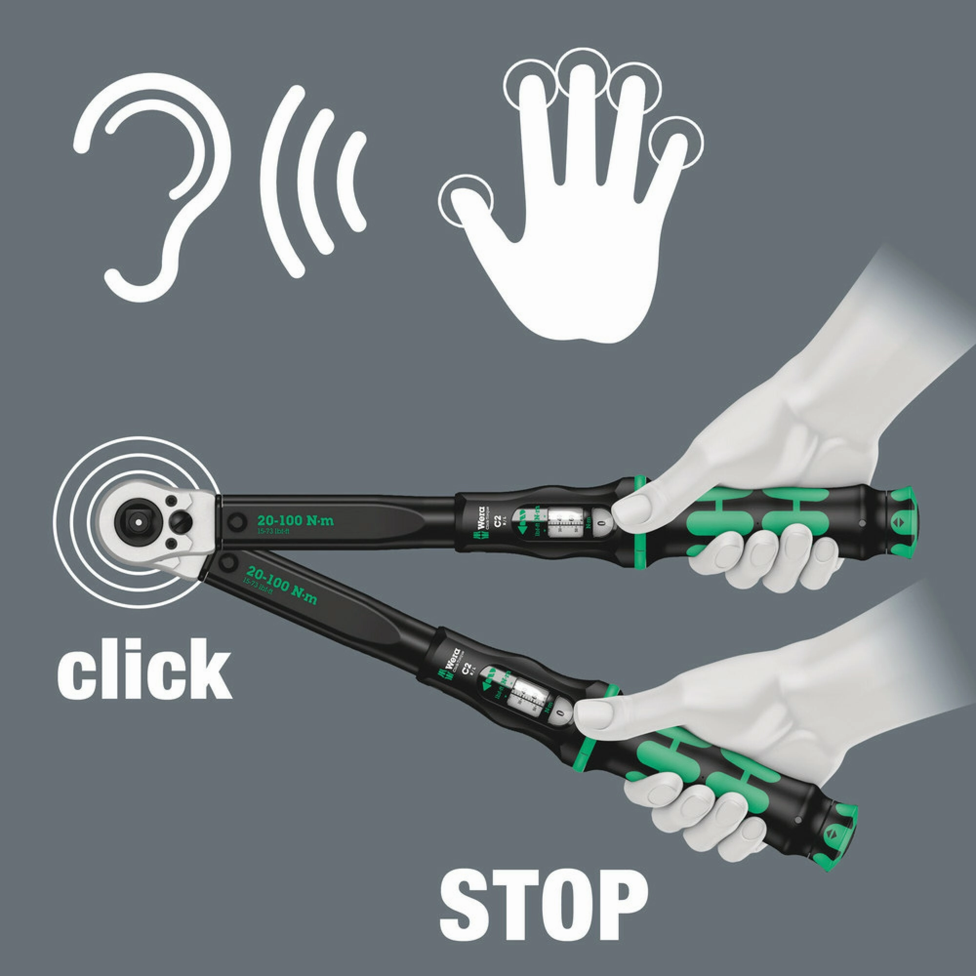Wera Click-Torque C 2 Push R/L adjustable torque wrench for clockwise and anti-clockwise torque-control, 20-100 Nm, 1/2" x 20-100 Nm