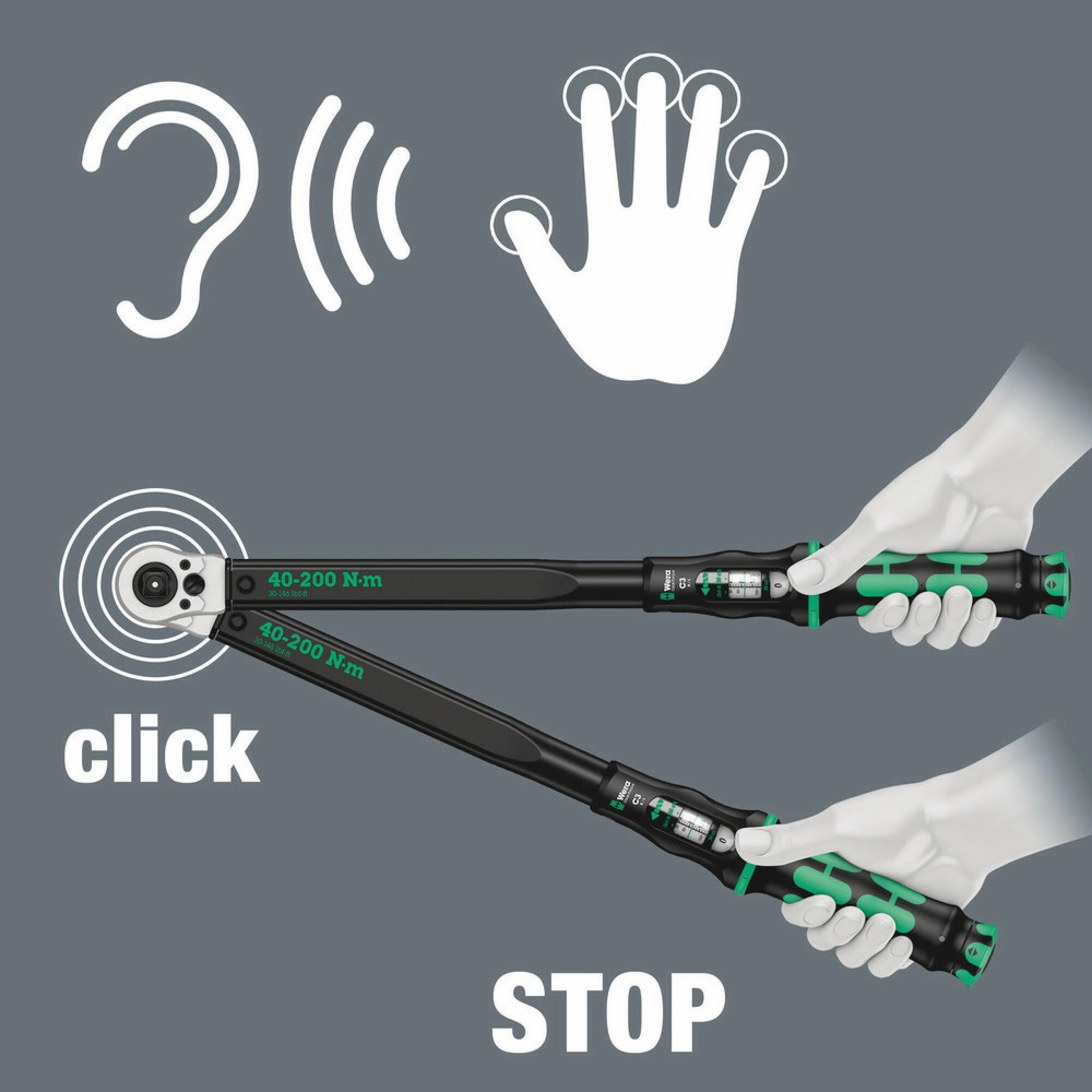 Wera Click-Torque C 3 Push R/L adjustable torque wrench for clockwise and anti-clockwise torque-control, 40-200 Nm, 1/2" x 40-200 Nm
