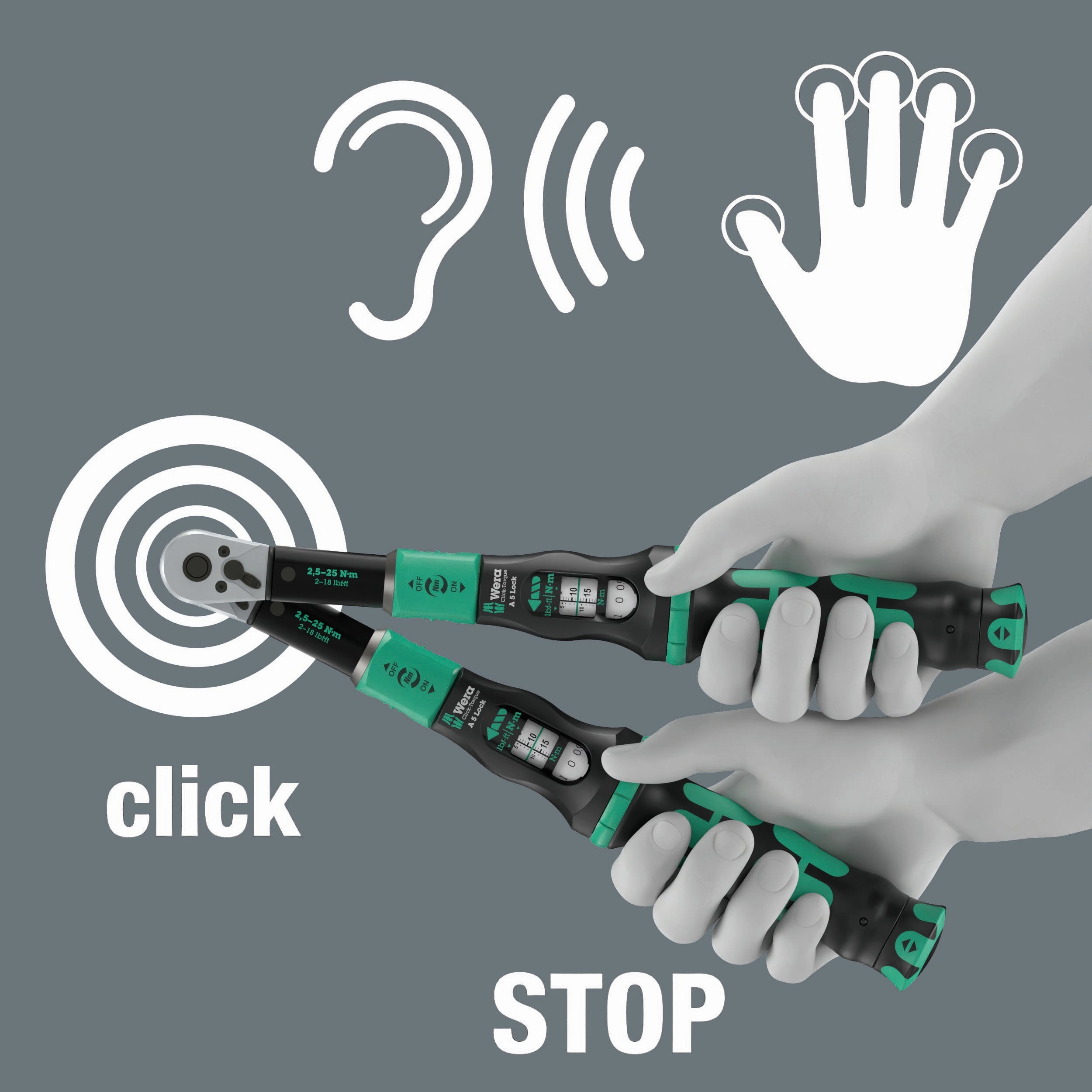 Wera Click-Torque Lock A 5 Torque wrench, adjustable, Torque Lock function, reversible ratchet, clockwise torque operation, 2.5-25 Nm