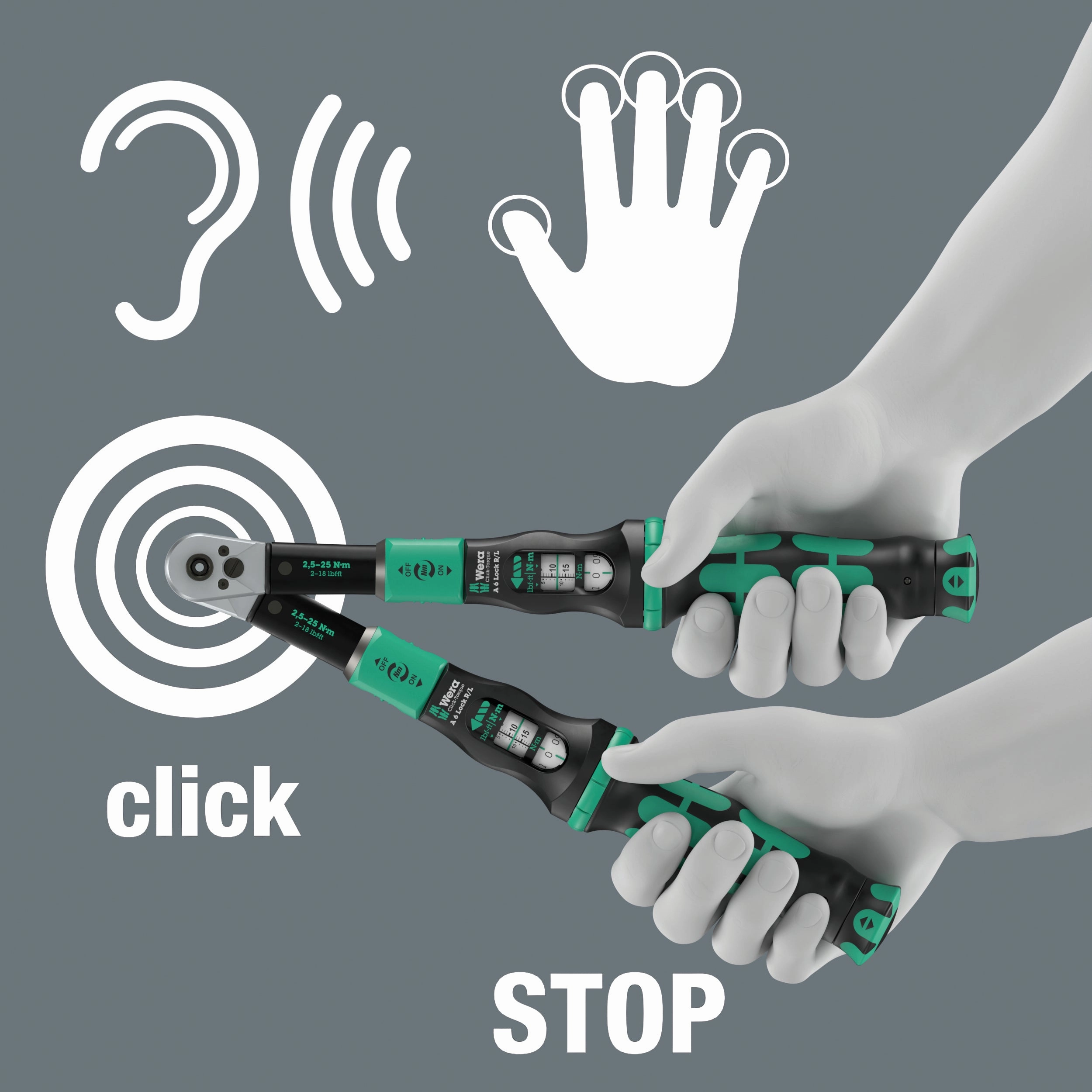 Wera Click-Torque Lock A 6 R/L Torque wrench, adjustable, Torque Lock function, continuous bit mounting (1/4"), 2.5-25 Nm