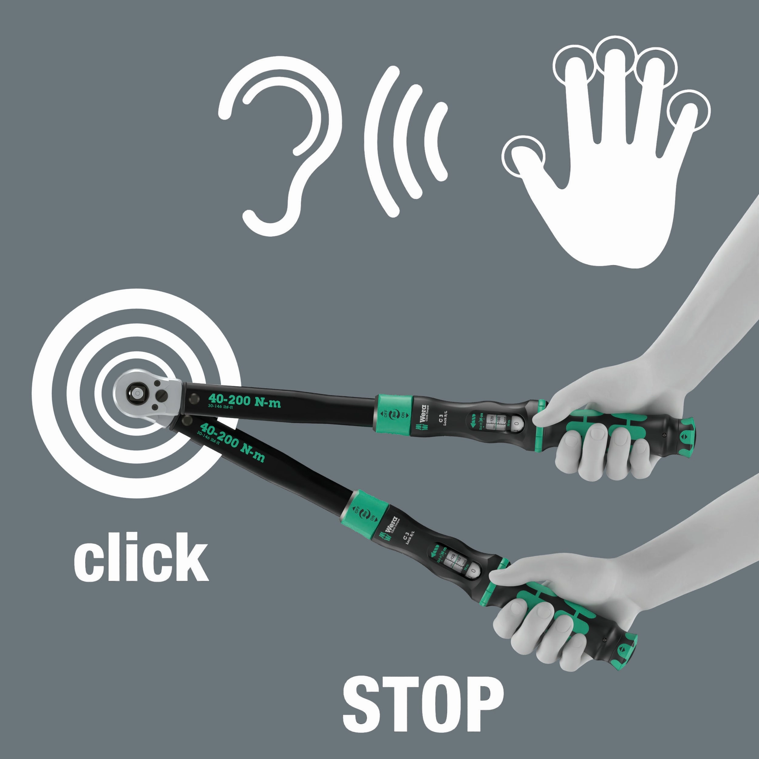 Wera Click-Torque Lock C 3 R/L Torque wrench, adjustable, Torque function, square head insert (1/2"), clockwise/counterclockwise torque operation, 40-200 Nm