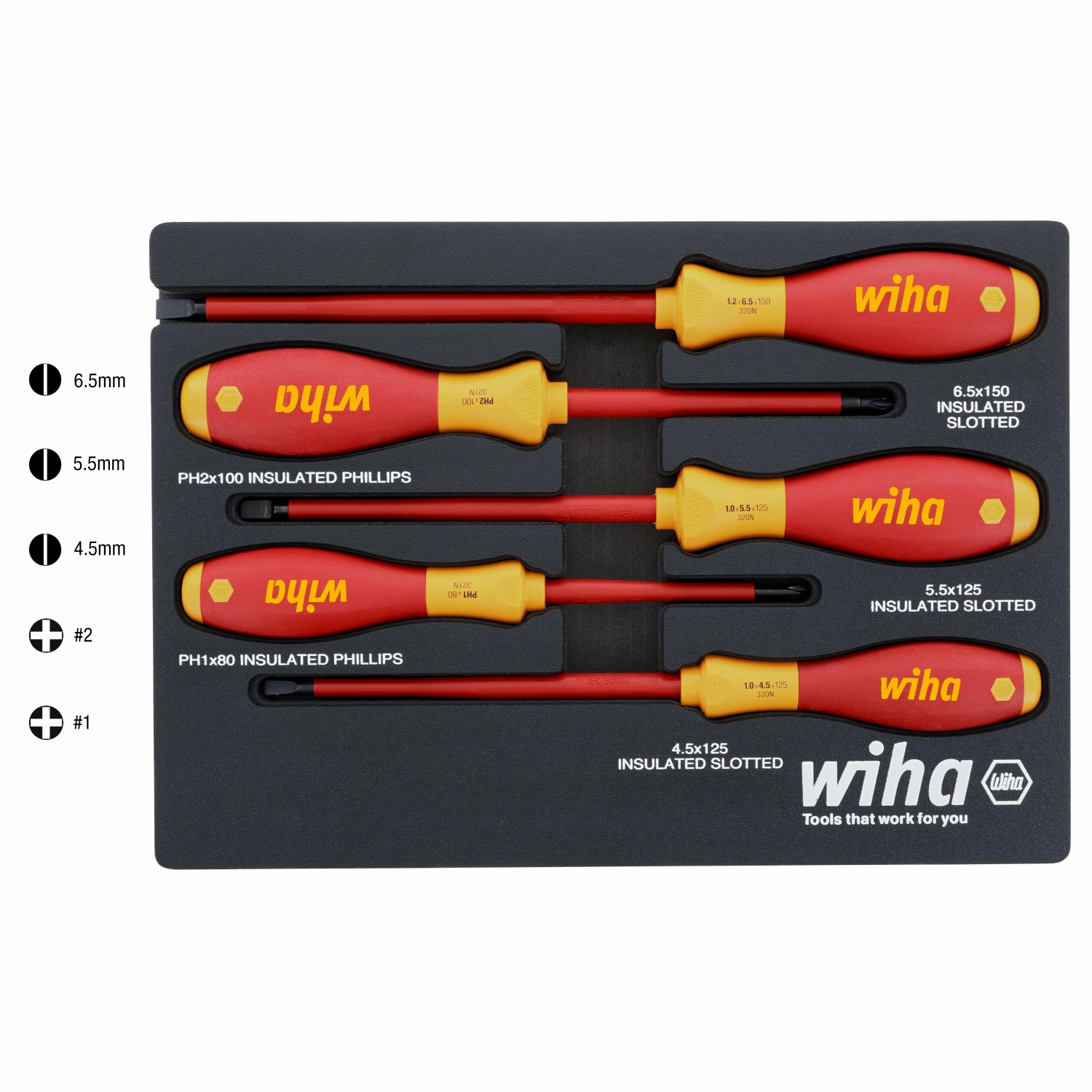Wiha 32081 5 Piece Insulated SoftFinish Cushion Grip Screwdriver Tray Set