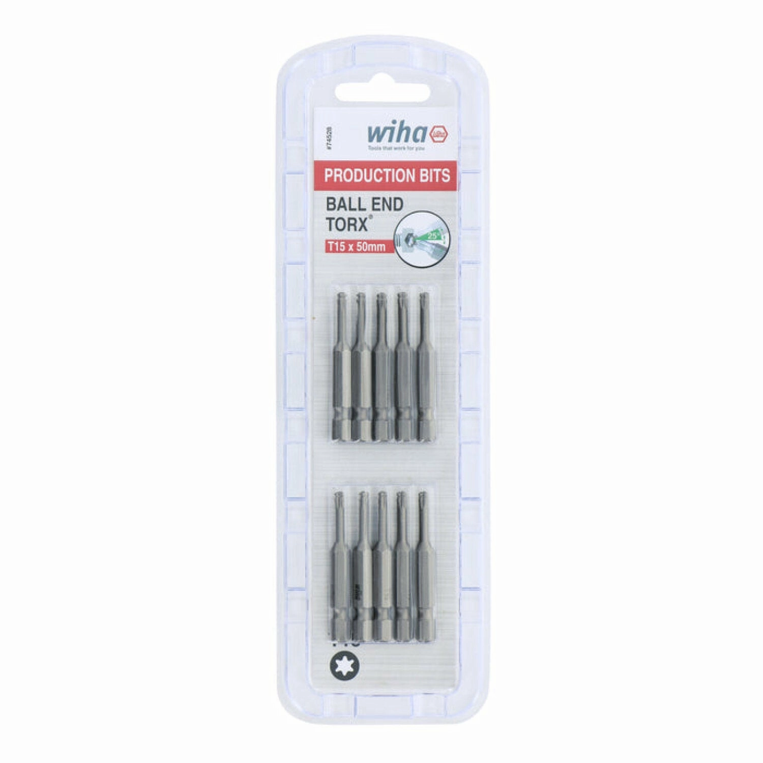 Wiha Tools 74528 TORX Ball End Power Bit, T15 x 50 mm, 10 Pk.